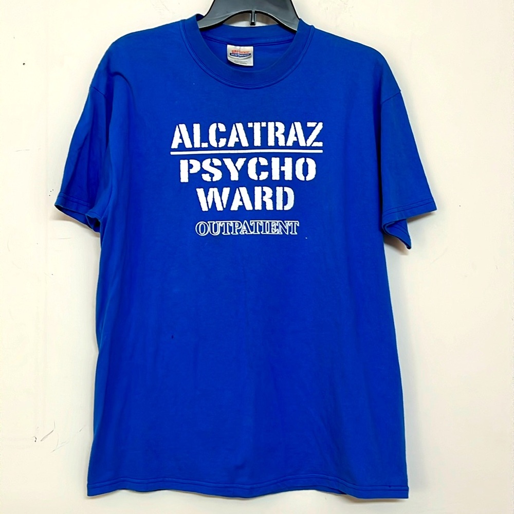 🌞 Hanes vintage 90s Alcatraz Psych Ward outpatient blue white print tee men L